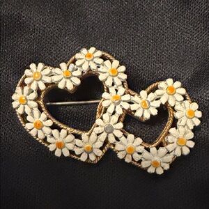 White and Gold Daisy Double Heart Brooch - Women Jewelry